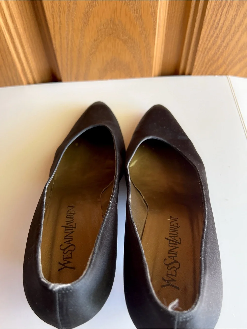 Vintage Yves Saint Laurent Casia Satin Kitten Heel Pumps Black Leather EU 9.5N
